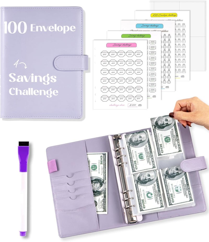 Flying Eagle 100 Envelopes Money Saving Challenge, Savings Budget Binder with Cash Envelopes Easy and Fun Way to Save $5050 with Envelopes & Challenge Tracker, Money Saving Binder 100 Pocket, Purple - Image 1